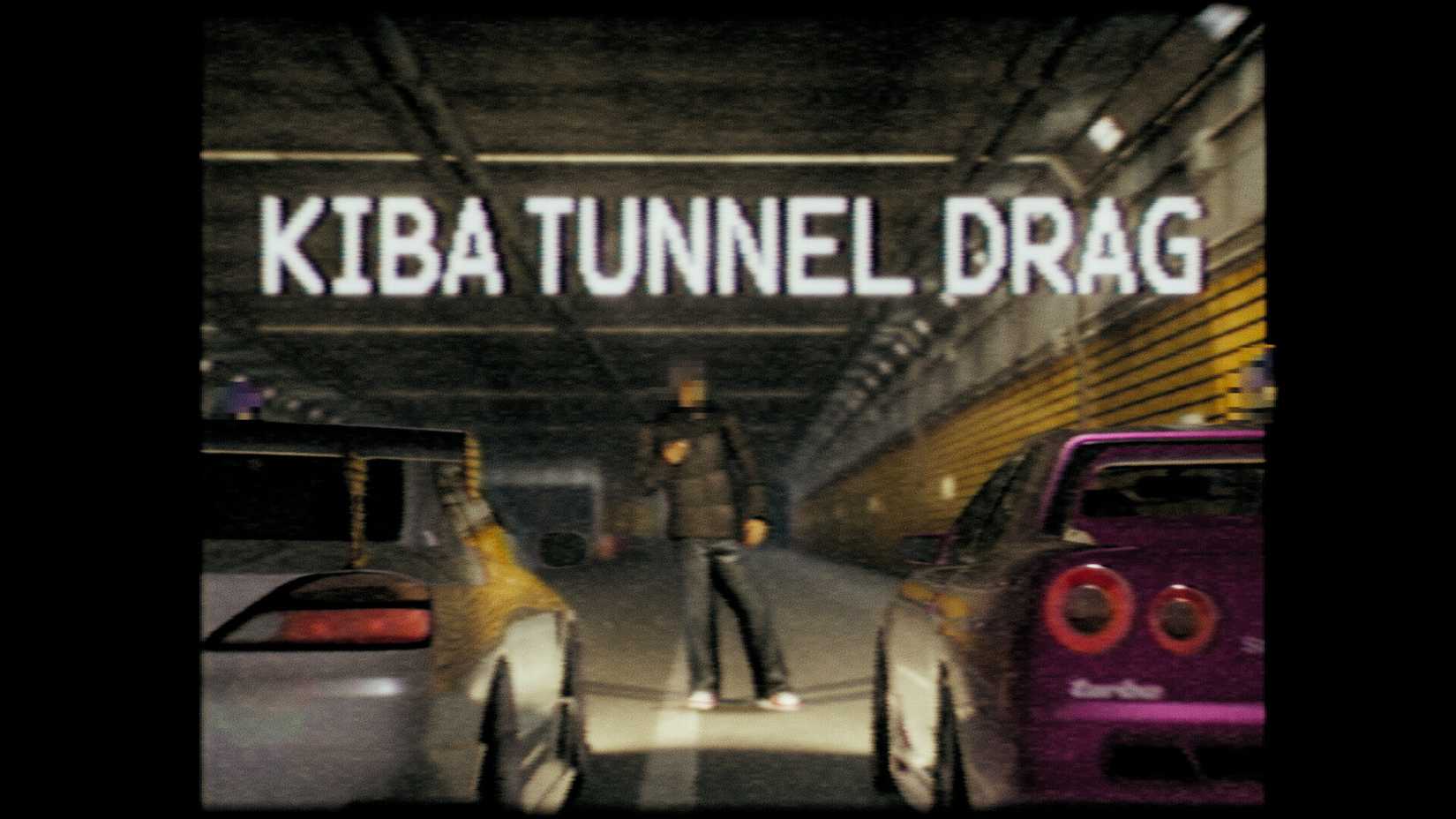 A grainy screen with the legend KIBA TUNNEL DRAG shows cars lining up to race in Night-Runners