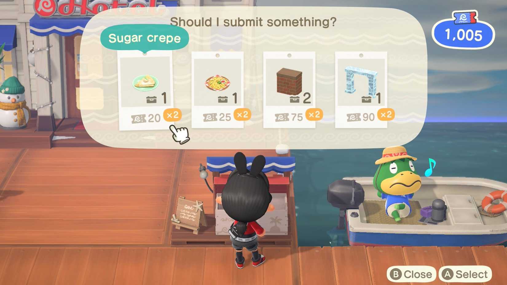 An Animal Crossing: New Horizons character looks at a board with DIYs they can trade in.
