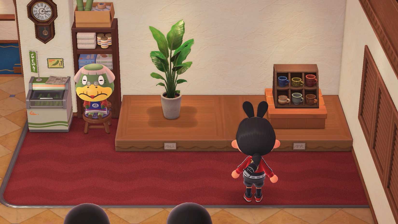 An Animal Crossing character looks at the wares at Gran's store in Animal Crossing: New Horizons