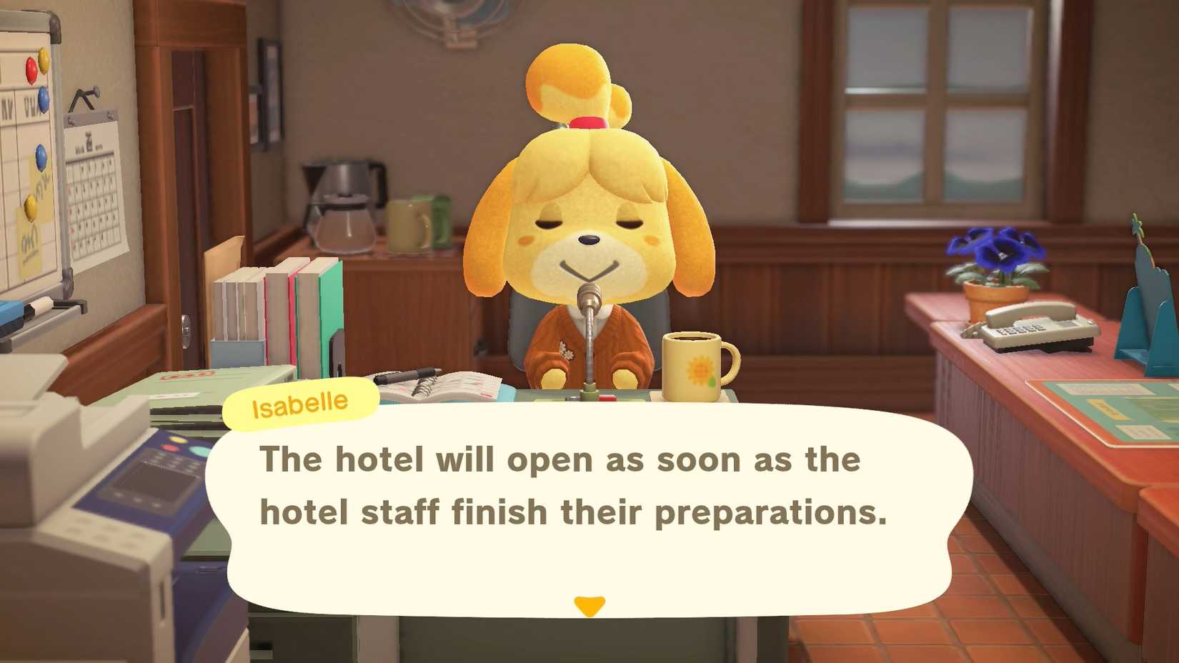 Isabelle talks about a hotel opening in Animal Crossing: New Horizons