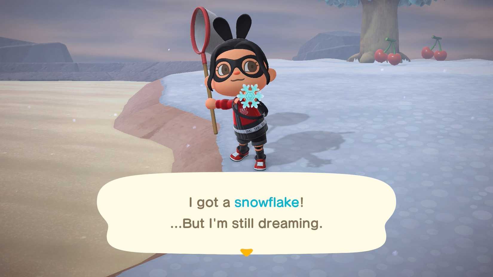 An ACNH character holds up a snowflake while noting that she's dreaming.
