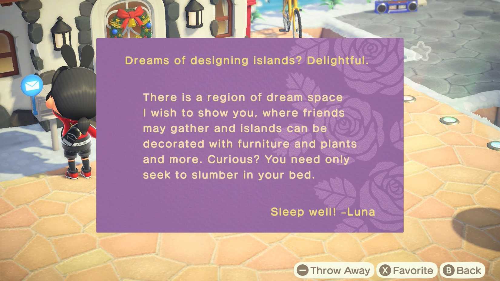 A letter inviting a ACNH player to sleep and learn about Slumber Islands.