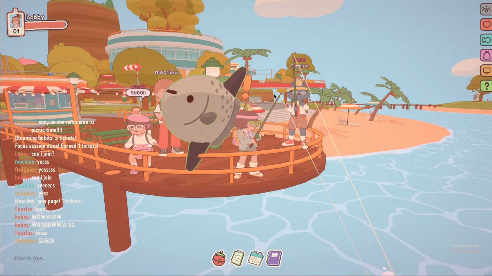 A group of players in coworking game On-Together gather by a pier, where one avatar is pulling out a fish from the water.