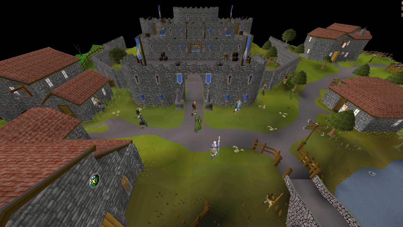 The player standing outside of Lumbridge Castle in Old School RuneScape.