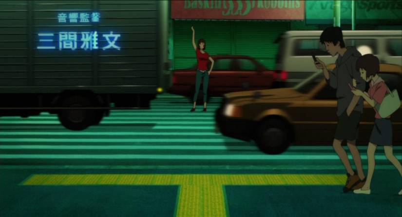 Paprika stops time to cross the streets of Tokyo in the opening credits.