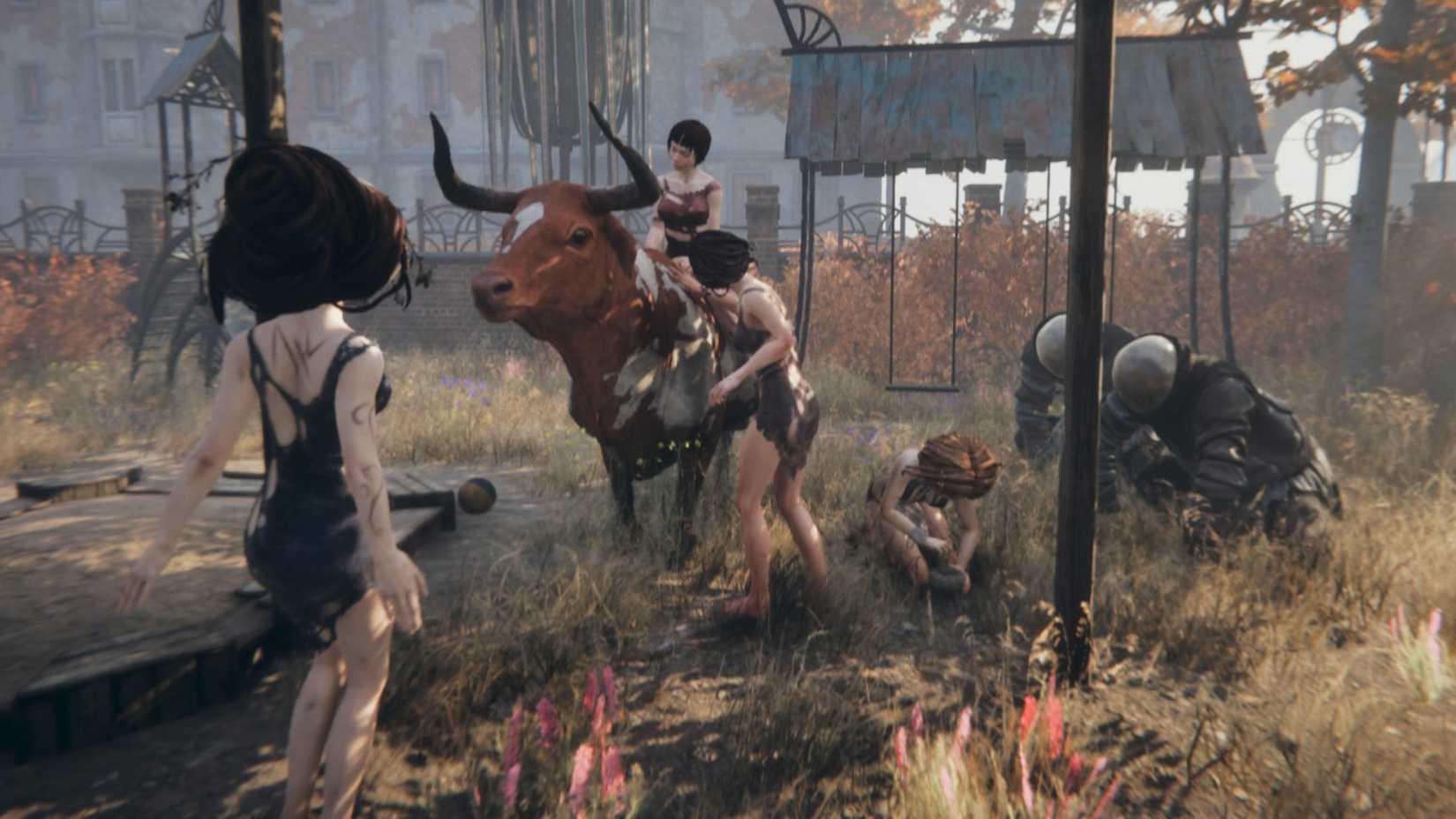 Herb Brides performing a ritualistic dance near a bull.