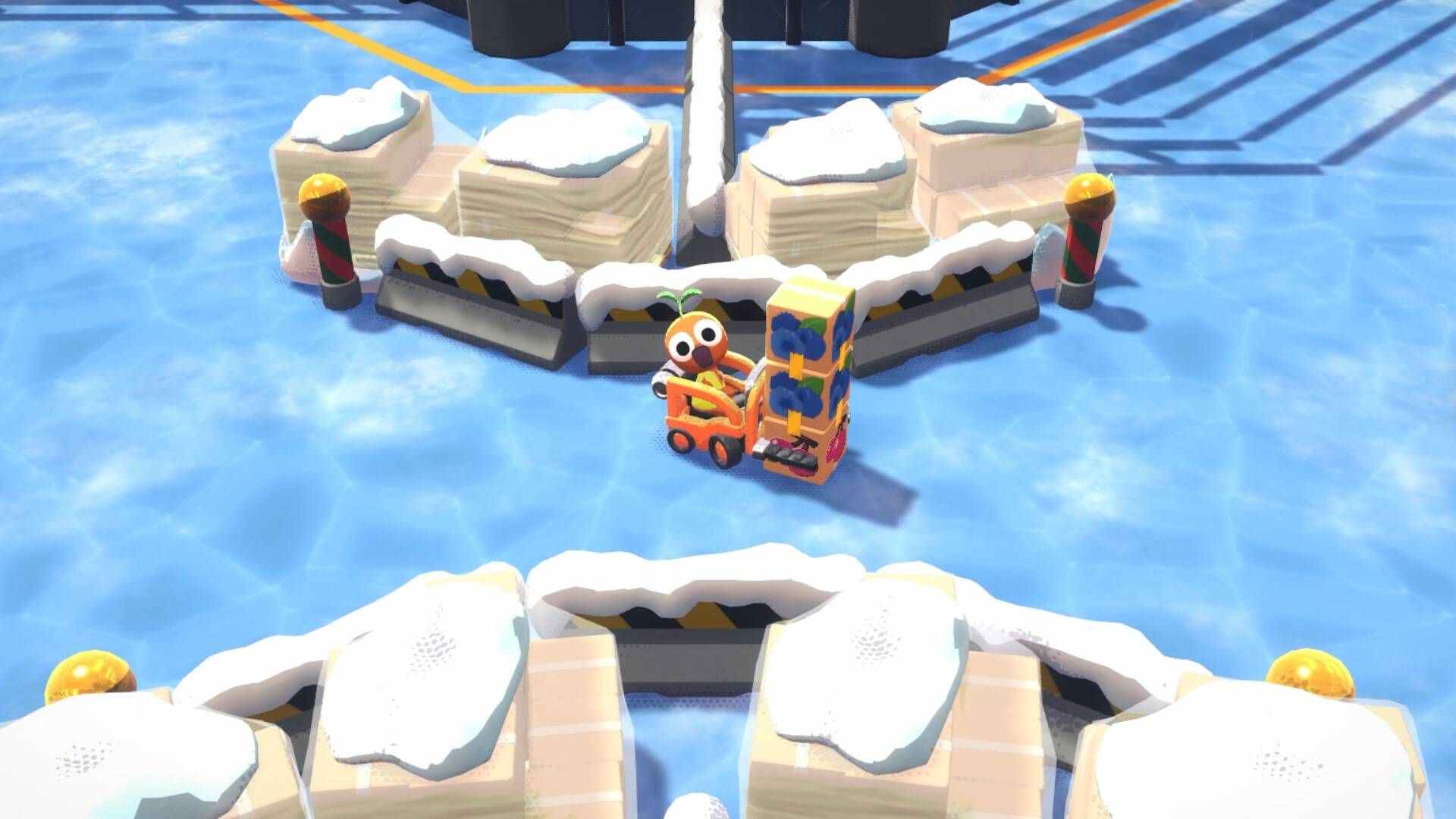 A Crashout Crew screenshot, showing an orange character in a forklift carrying three boxes on icy terrain.