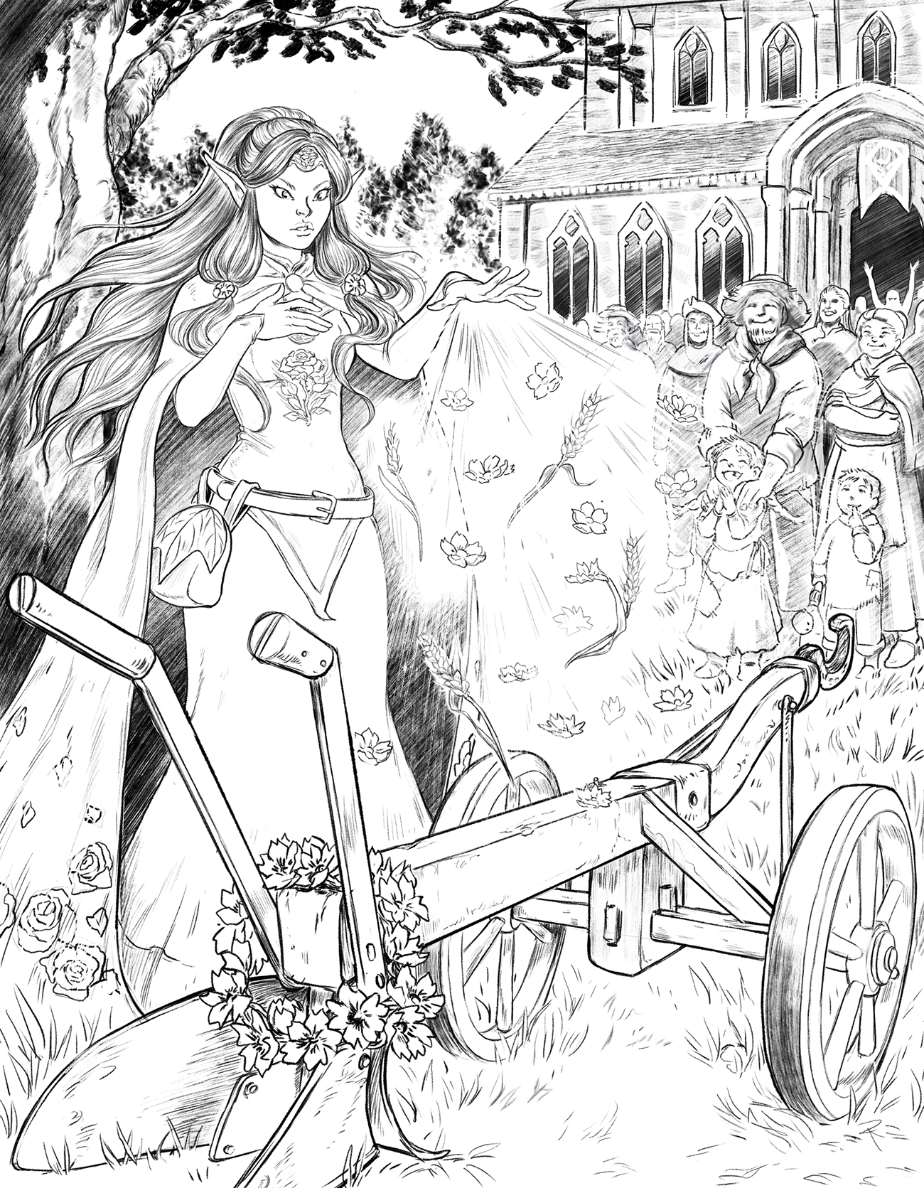 Archpriest Starrica Windsong blesses a plow at the Abbey of the Golden Sheaf in an illustration from the D&D RealmsBound series