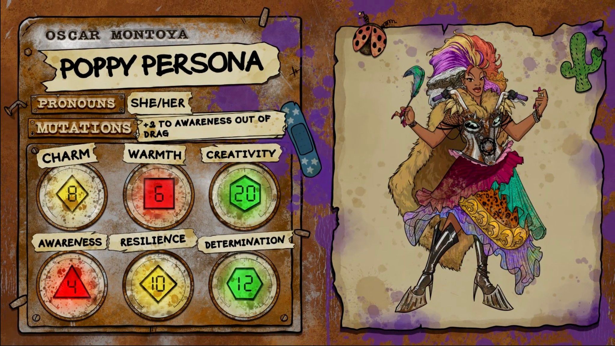 Oscar Montoya's character sheet for the Dimension 20: Gladlands character Poppy Persona, a colorful drag queen