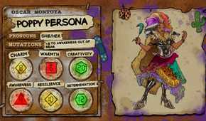 Oscar Montoya's character sheet for the Dimension 20: Gladlands character Poppy Persona, a colorful drag queen