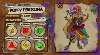 Oscar Montoya's character sheet for the Dimension 20: Gladlands character Poppy Persona, a colorful drag queen