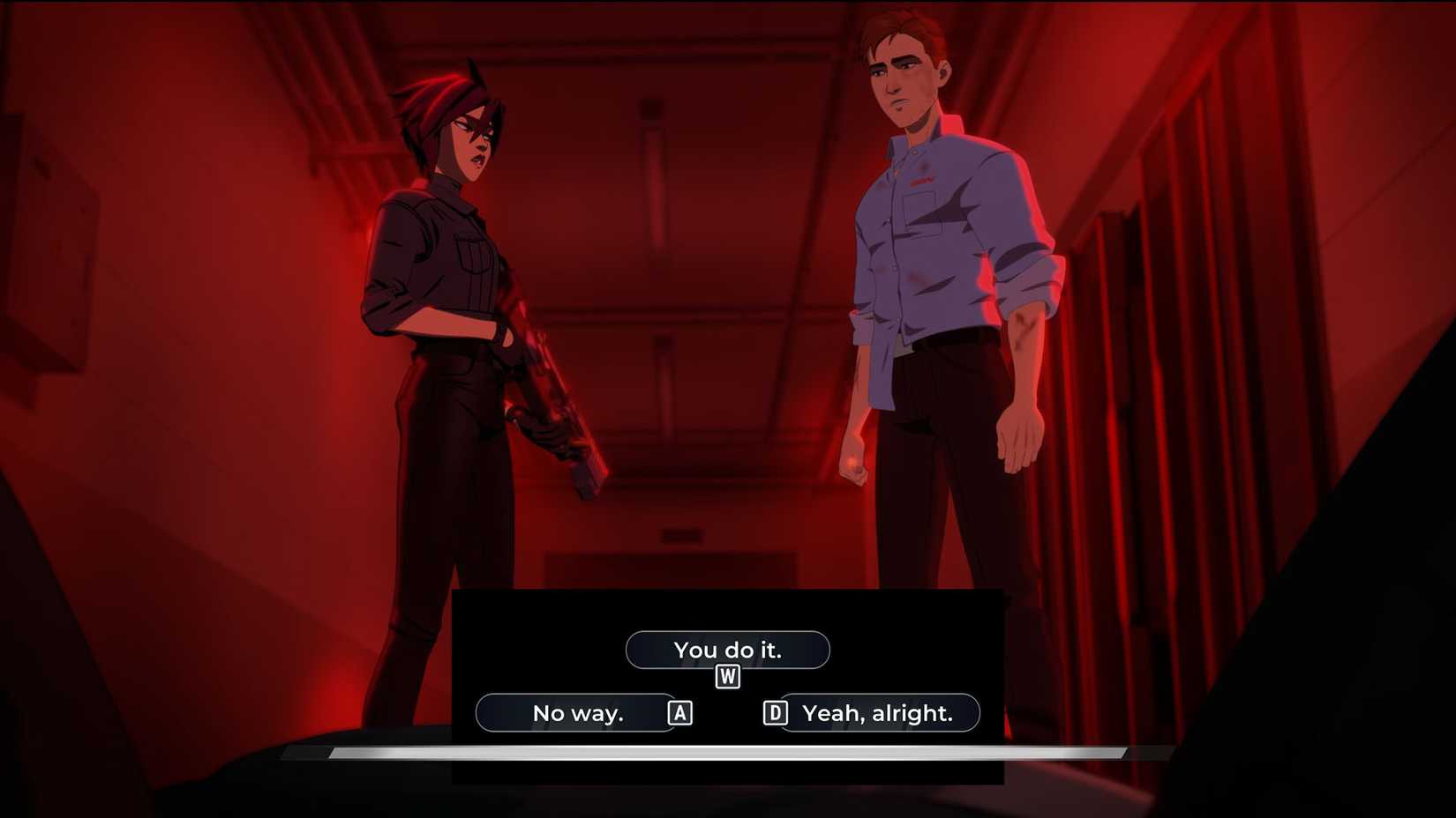 Invisigal and Robert debating who should help the indecent villain in Dispatch.