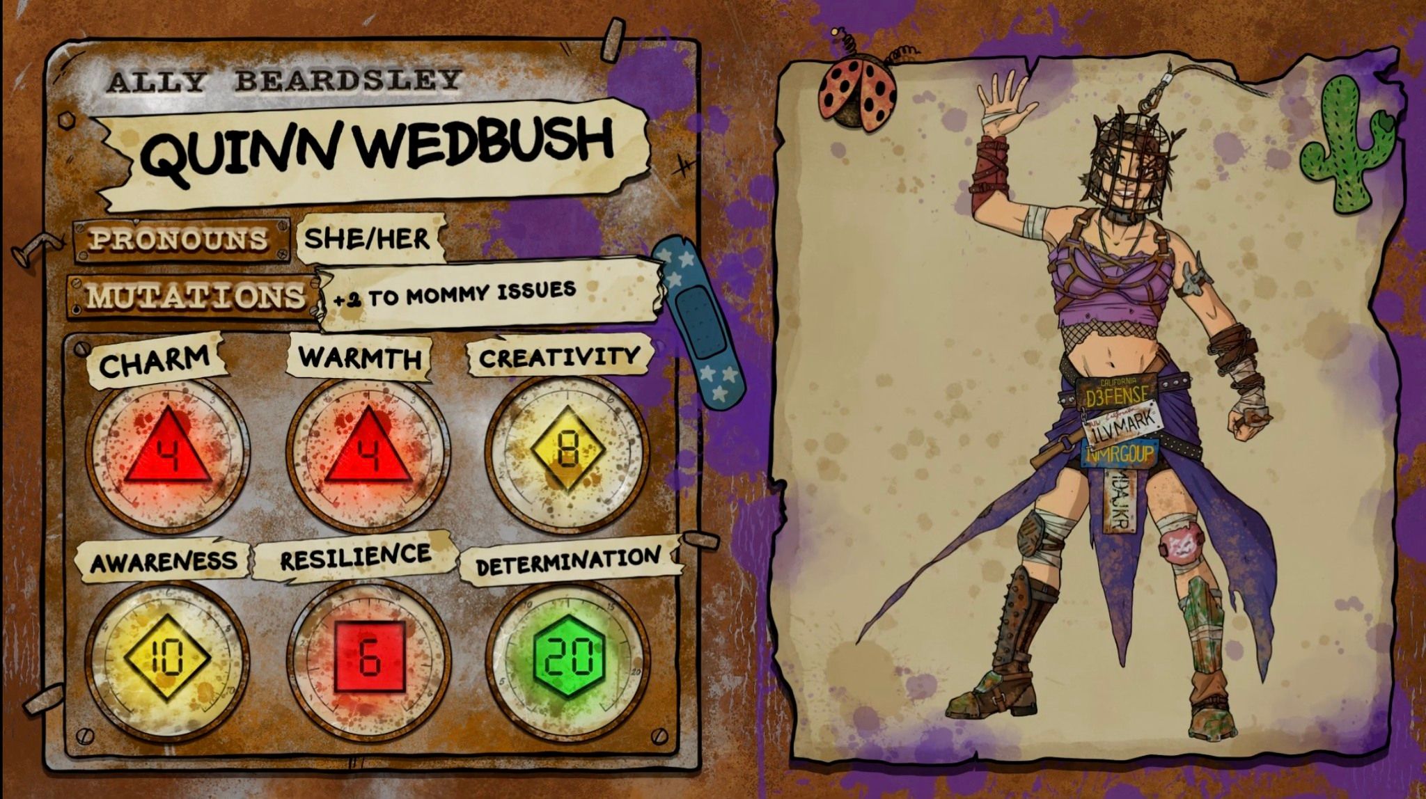 Ally Beardsley's character sheet for the Dimension 20: Gladlands character Quinn Wedbush, a woman in rags and chains, with a small cage around her head.