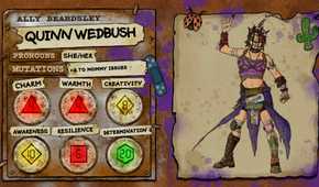 Ally Beardsley's character sheet for the Dimension 20: Gladlands character Quinn Wedbush, a woman in rags and chains, with a small cage around her head.