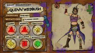 Ally Beardsley's character sheet for the Dimension 20: Gladlands character Quinn Wedbush, a woman in rags and chains, with a small cage around her head.