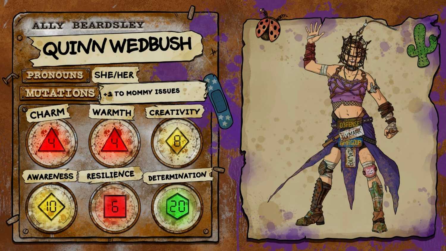 Ally Beardsley's character sheet for the Dimension 20: Gladlands character Quinn Wedbush, a woman in rags and chains, with a small cage around her head.