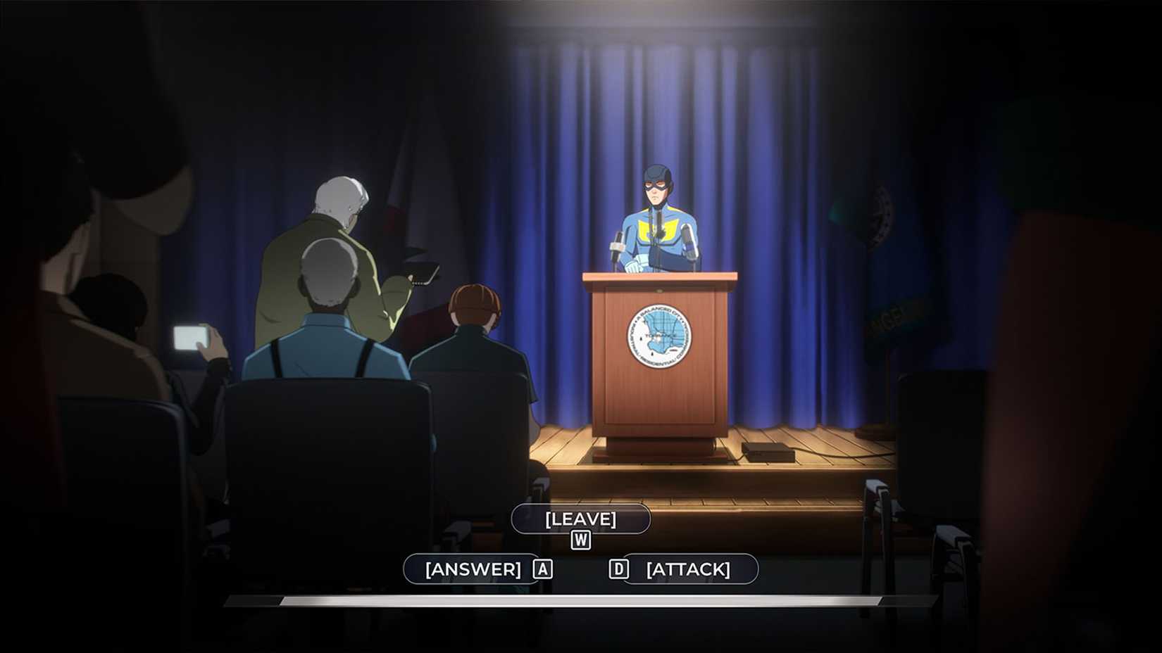 Choice to either leave, answer, or attack the reporter in Dispatch.