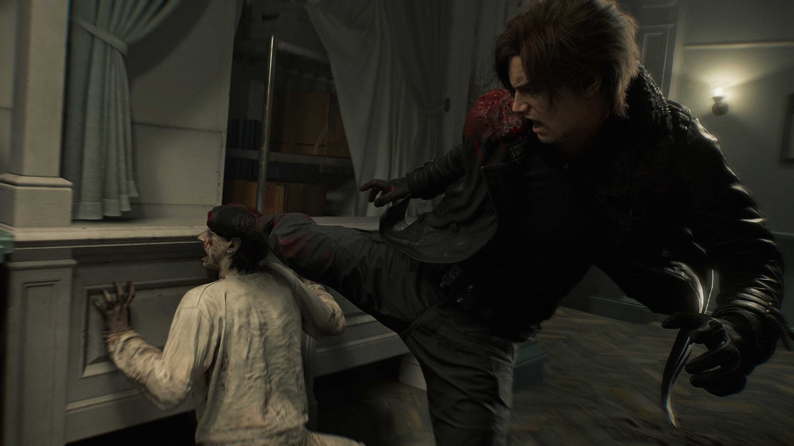 Leon Kennedy roundhouse kicks a zombie in Resident Evil Requiem.