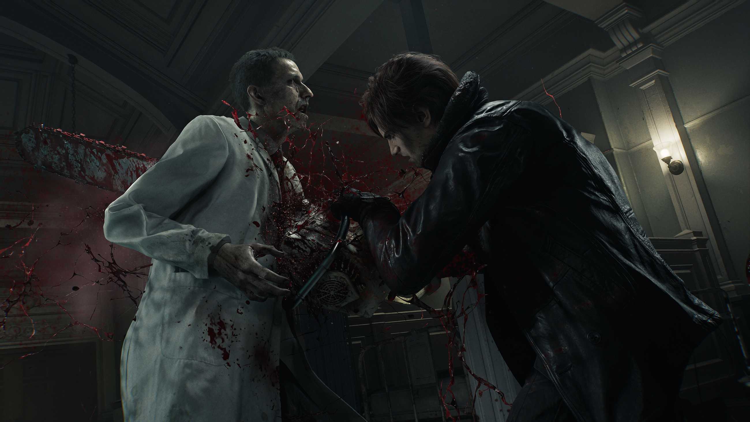 Leon Kennedy stabs a zombie in Resident Evil Requiem.