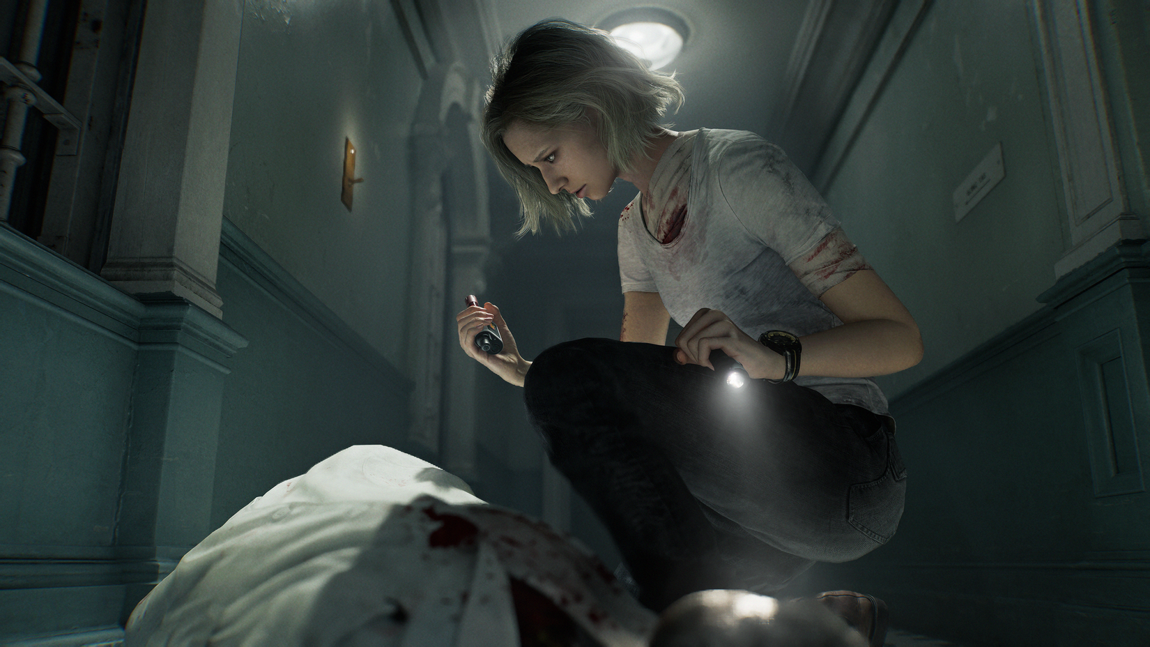 Grace quỳ xuống trong Resident Evil Requiem