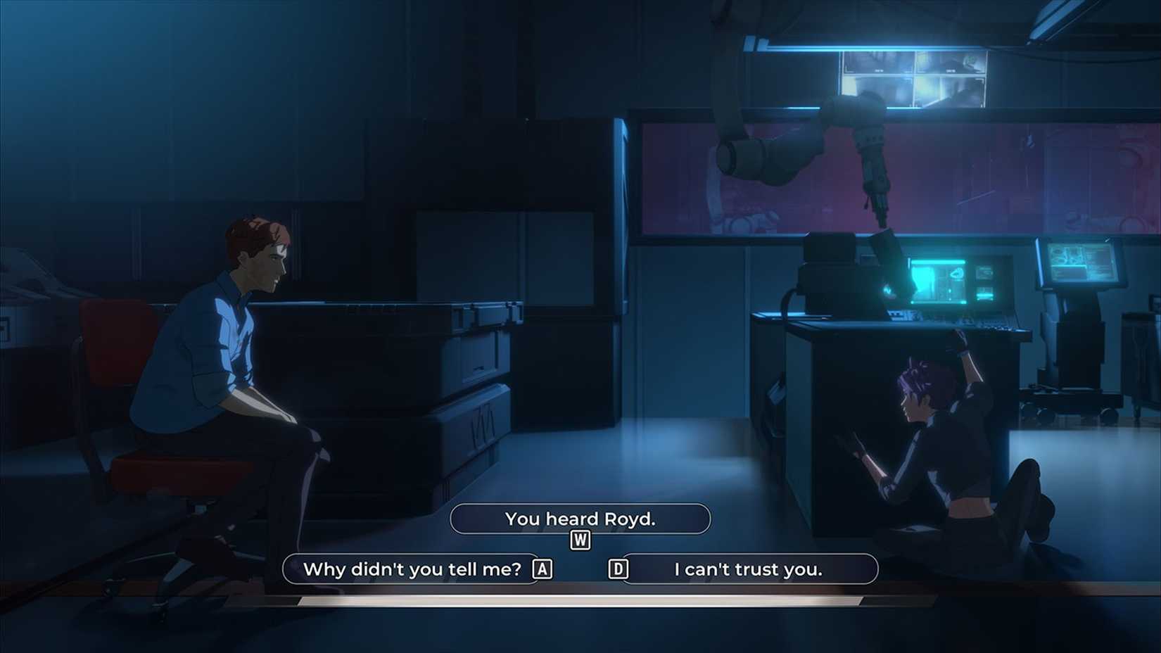 Robert talking to a ziptied Invisigal in Dispatch.