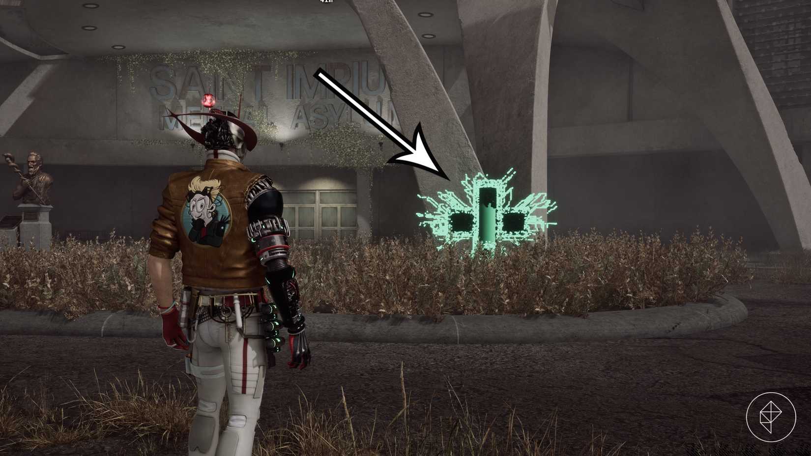 An arrow points to a Space-Time Pharmacy in Romeo Is A Dead Man.