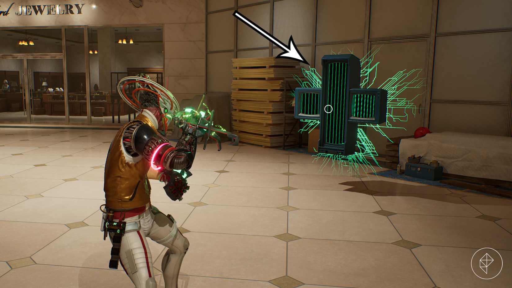 An arrow points to a Space-Time Pharmacy in Romeo Is A Dead Man.