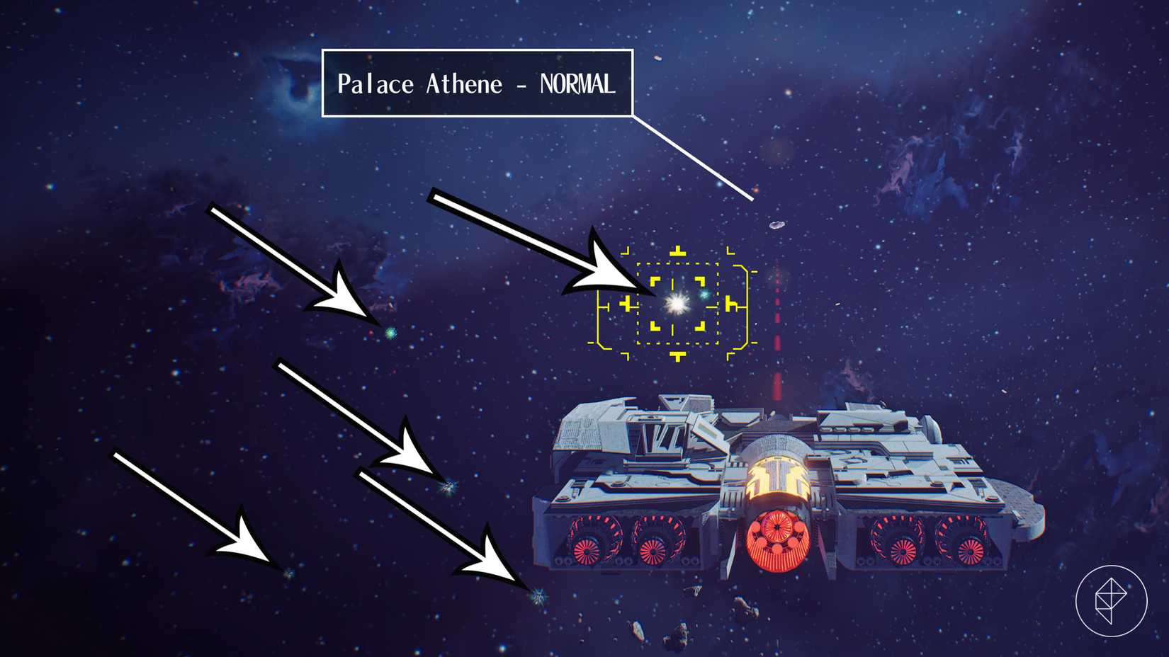 Arrows point to space debris in Romeo Is A Dead Man.