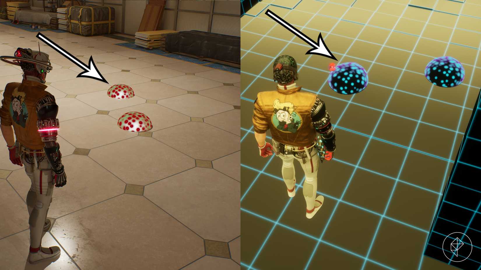 Arrows point to spotty blobs containing Emerald Flowsion and HP recovery in Romeo Is A Dead Man.