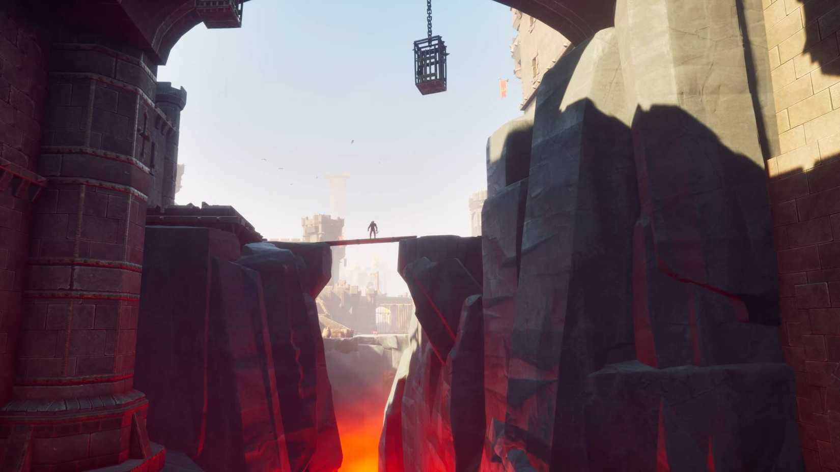 A screenshot from the Dowdun Reach trailer for RuneScape Dragonwilds, showing a character standing on a wooden bridge above a huge gorge, in the middle of a fortress.