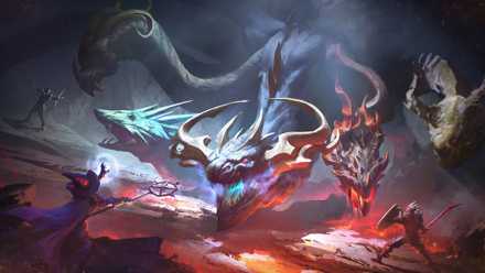 Concept art for the Scorned Wilderness expansion in RuneScape Dragonwilds, showing a five-headed dragon while three players prepare to attack it.