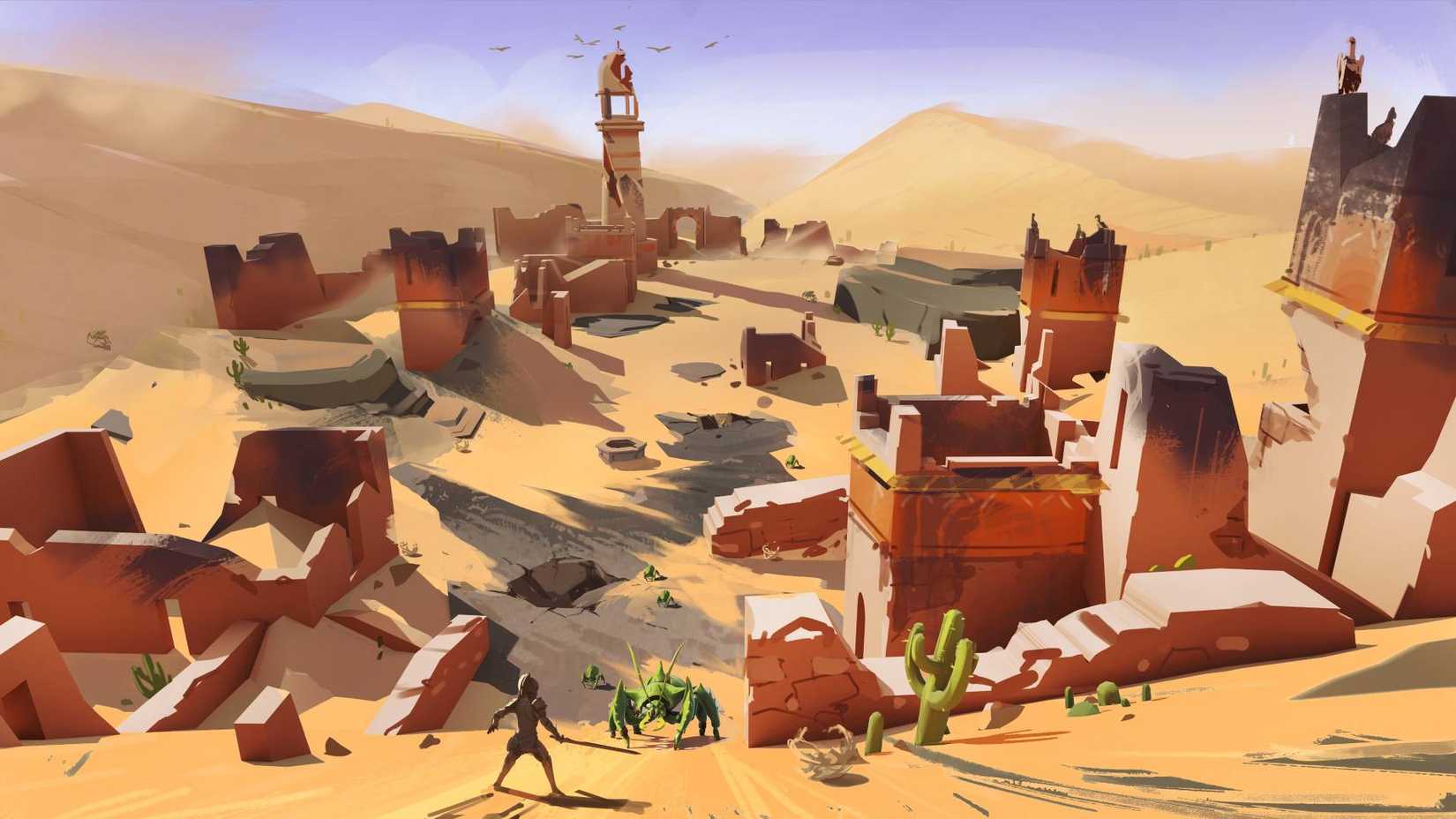 Concept art for the Umbral Sands region in RuneScape Dragonwilds, showing a player wielding a sword on a sandy slope while a green crab advances amongst some ruined buildings.