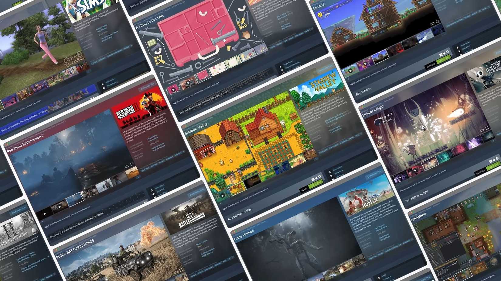 A collection of store pages for popular titles on Steam, Valve's PC gaming platform.