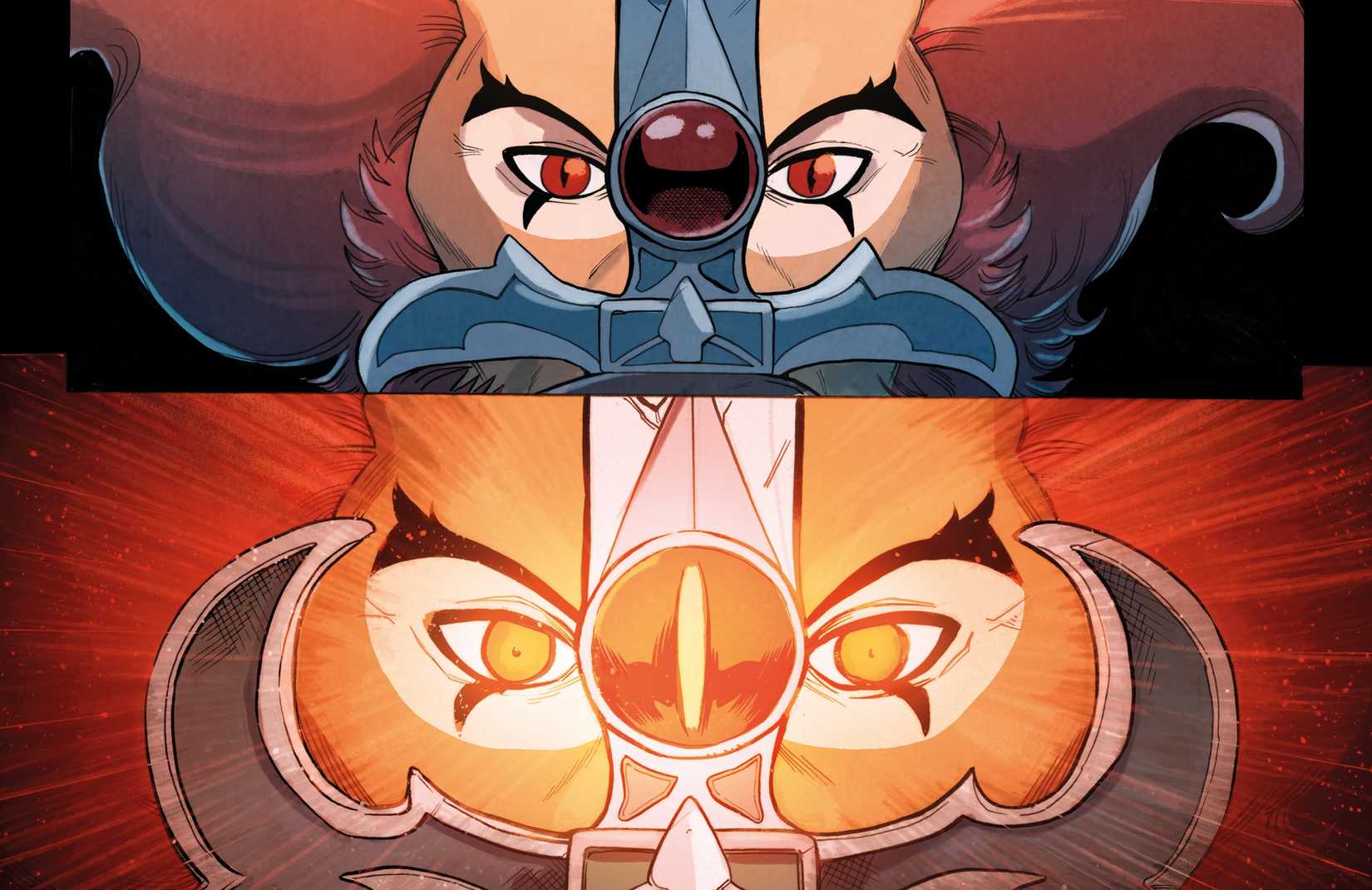 Two panels from Dynamite's Thundercats comics, closeups on Lion-O's eyes as he activates the Sword of Omens' sight beyond sight power