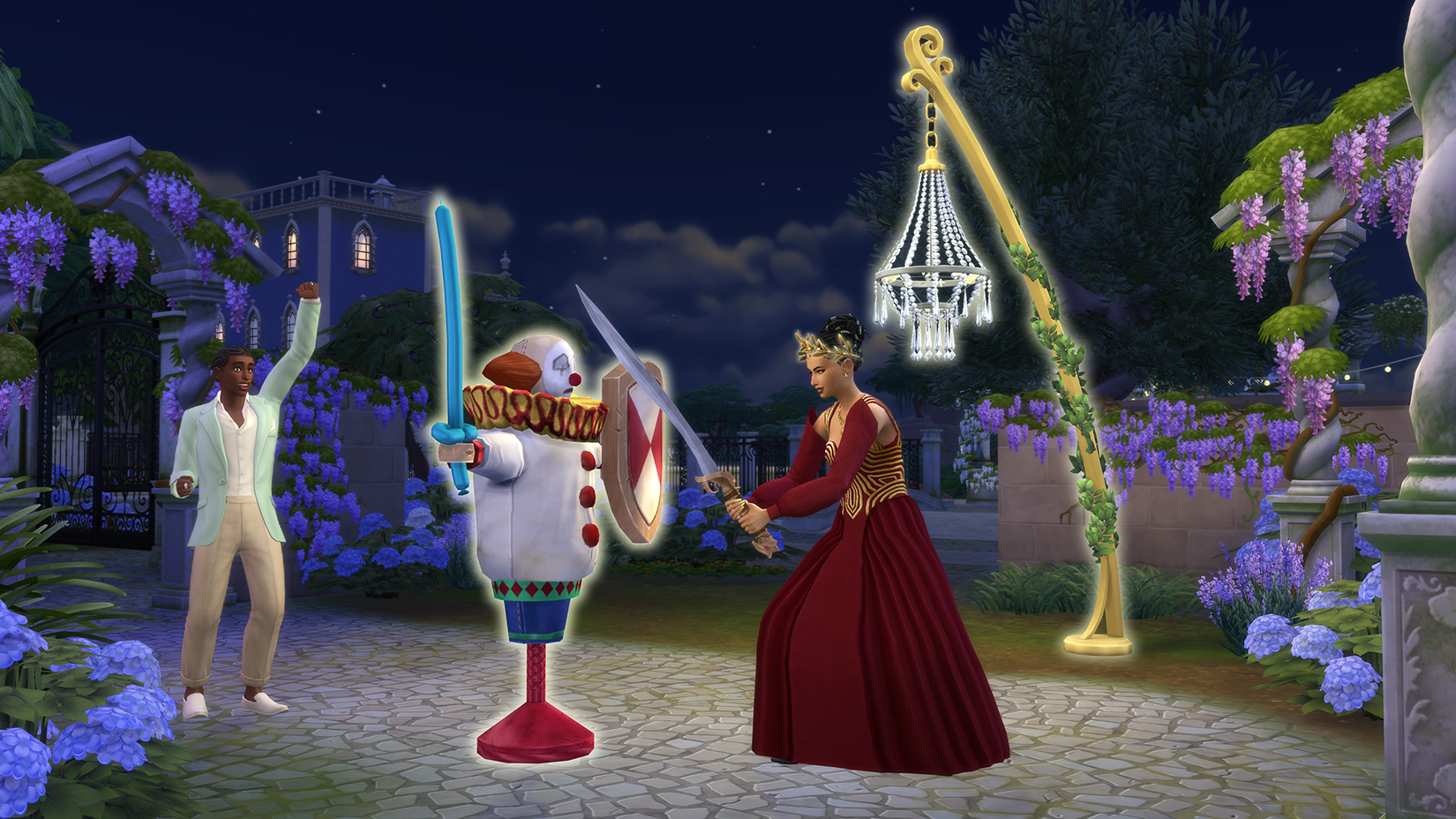Sims 4 Sim practicing their swordsmanship on a dummy