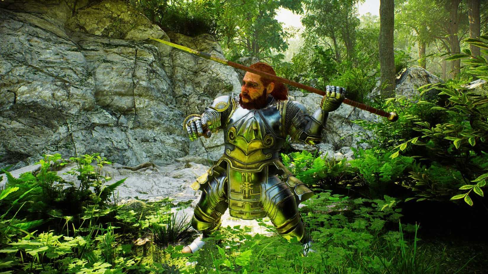 An image from Solasta 2. It depicts a dwarven warrior, armored, and wielding a spear among a green environment.