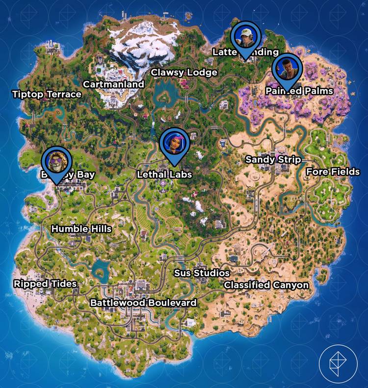Specialist locations marked on the Fortnite map.