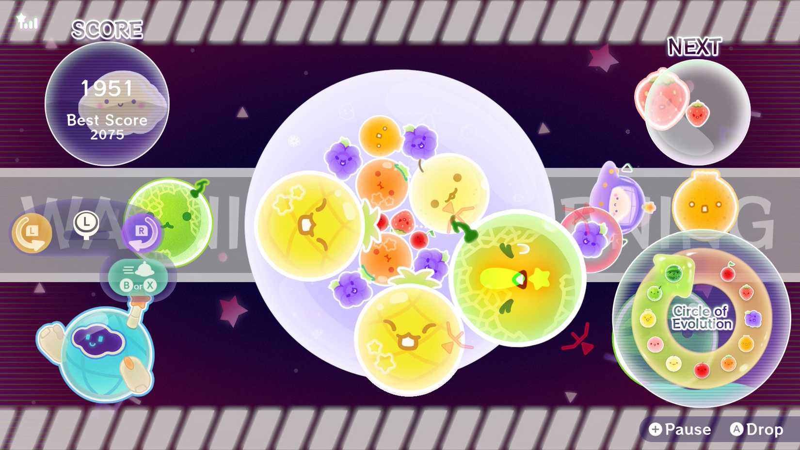 Suika Game Planet gameplay showing a melon extending past the planet barrier