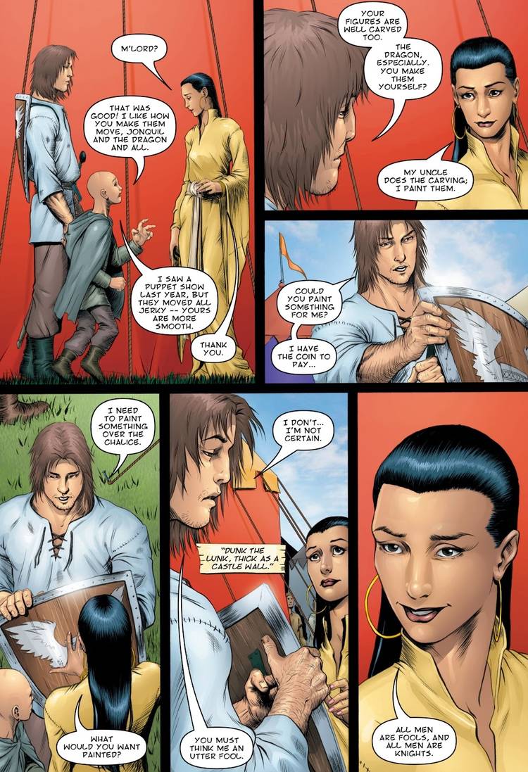 Dunk and Egg talk to the puppeteer Tanselle and Dunk asks her to paint him a new sigil for his shield in the graphic novel version of George R.R. Martin's The Hedge Knight