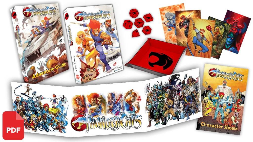  The Roleplaying Game, showing books, custom dice, character sheets, and a dice tray