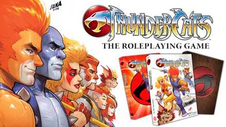 A splash image for Lynnvander Studios' Thundercats: The Roleplaying Game, with Dynamite Comics' renditions of characters from the 1980s Thundercats cartoon, next to book mockups of the TTRPG sourcebook