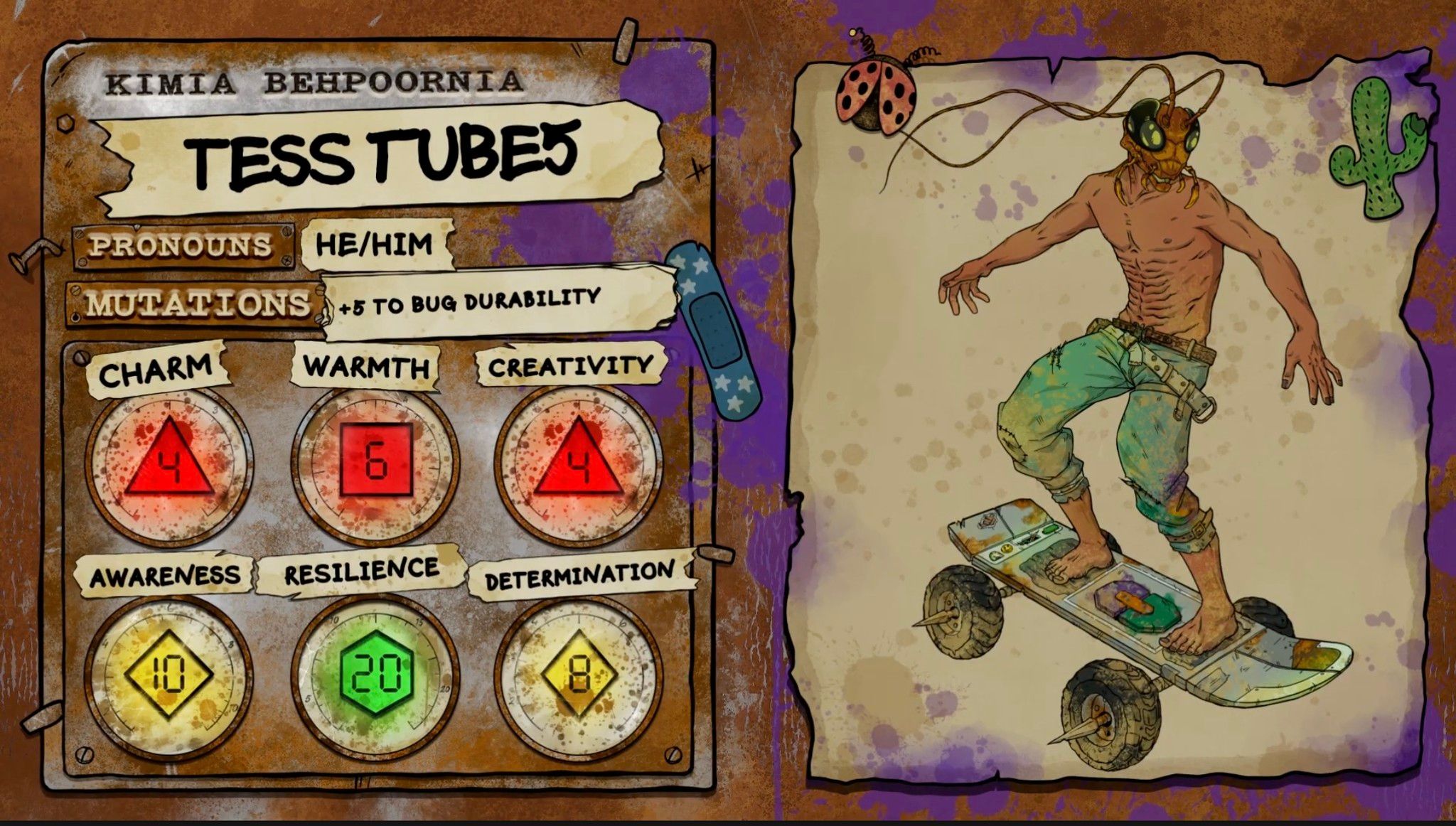 Kimia Behpoornia's character sheet for the Dimension 20: Gladlands character Tess Tubes, a shredded skateboarder with the head of a cockroach.