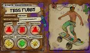 Kimia Behpoornia's character sheet for the Dimension 20: Gladlands character Tess Tubes, a shredded skateboarder with the head of a cockroach.