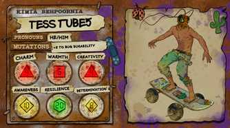 Kimia Behpoornia's character sheet for the Dimension 20: Gladlands character Tess Tubes, a shredded skateboarder with the head of a cockroach.