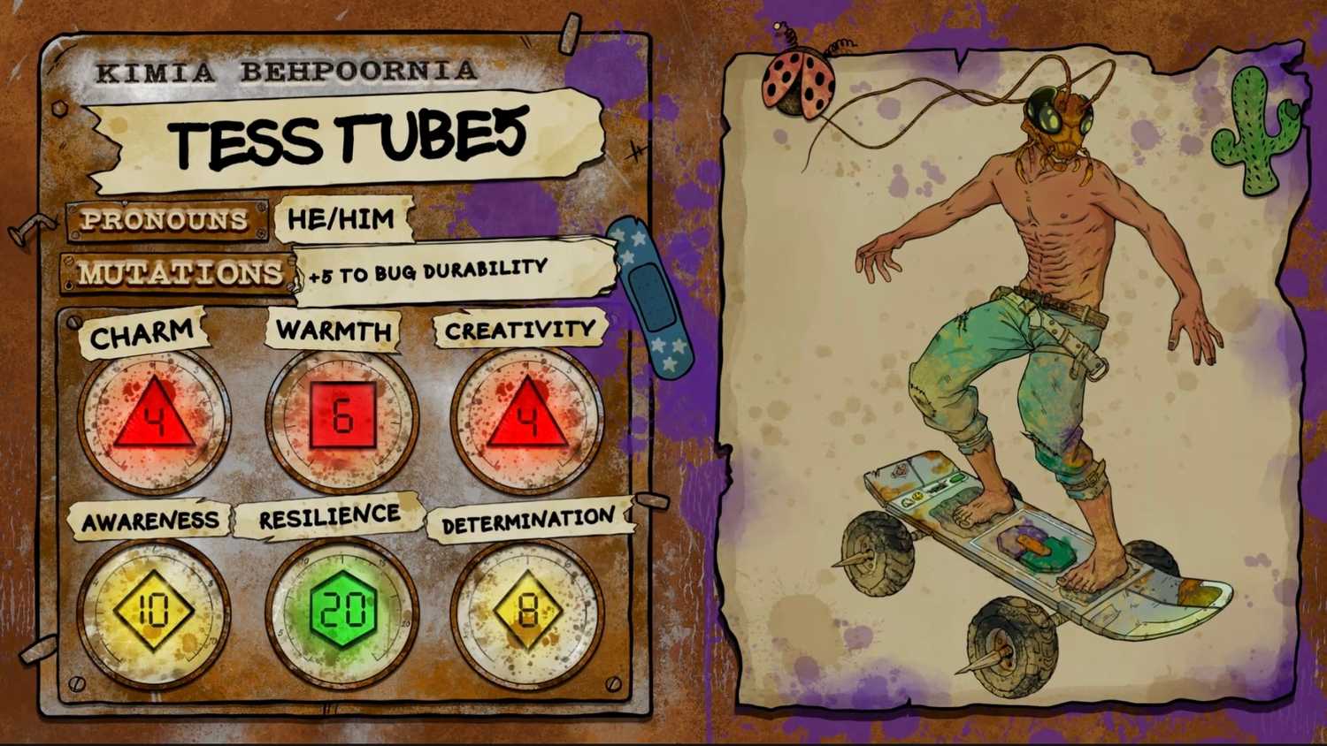 Kimia Behpoornia's character sheet for the Dimension 20: Gladlands character Tess Tubes, a shredded skateboarder with the head of a cockroach.
