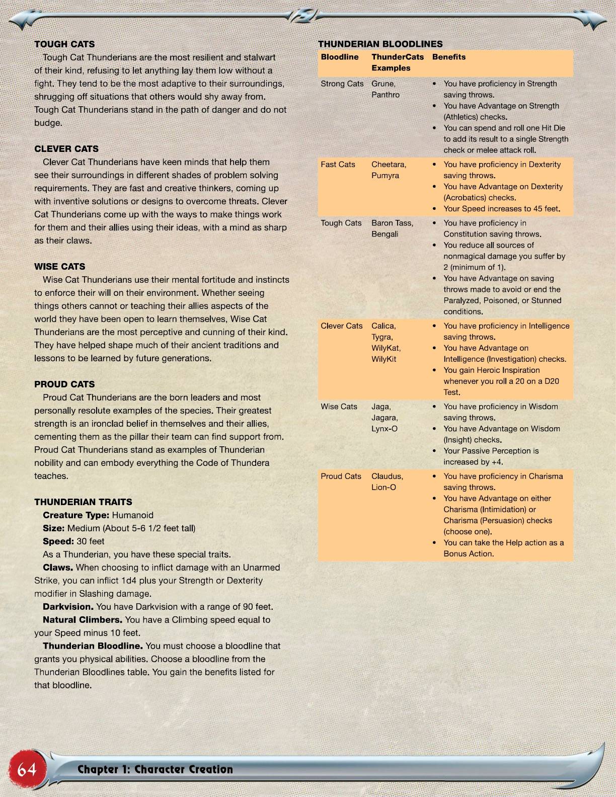  The Roleplaying Game, showing a breakdown of Thunderian "species," including Clever Cats and Wise Cats