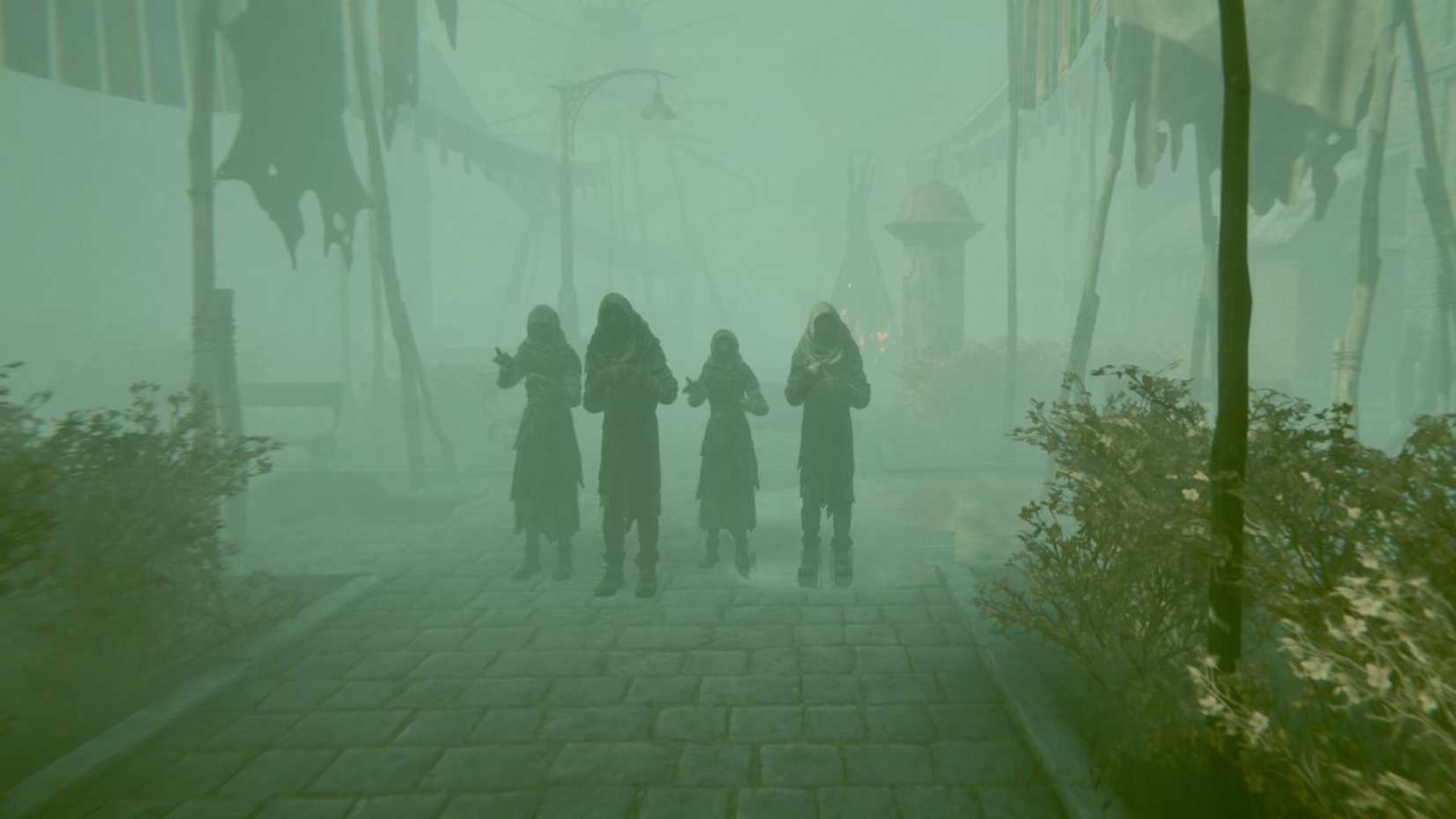 Sick beggars approaching the player through a thick, diseased haze.