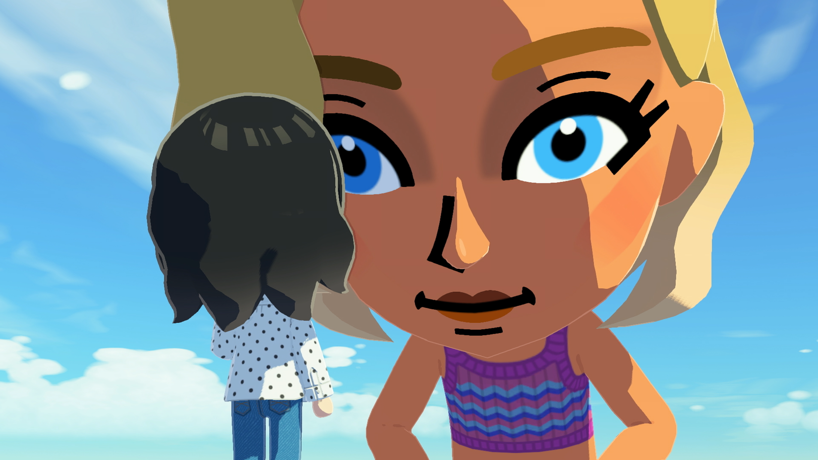 Tomodachi Life Big Mii staring down at a smaller Mii