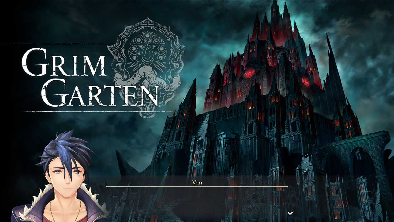 A Trails Beyond the Horizon screenshot showing Van and the Grim Garten main menu screen behind him
