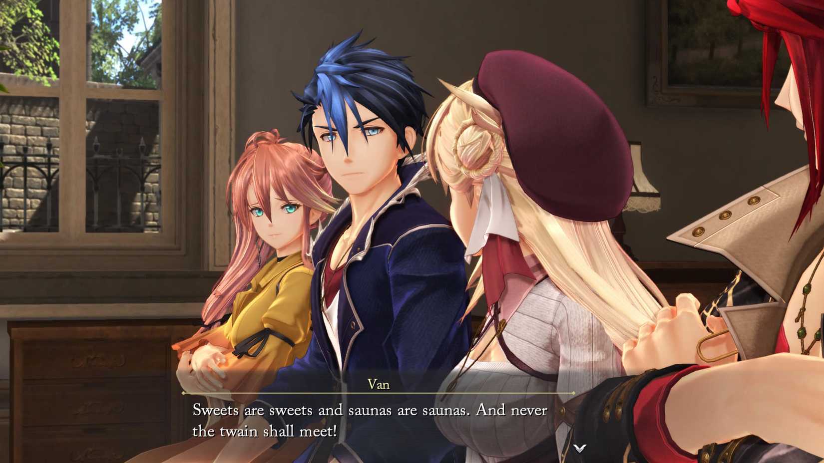 A Trails Beyond the Horizon screenshot showing Van Arkride saying "Sweets are sweets and saunas are saunas. And never the twain shall meet!"